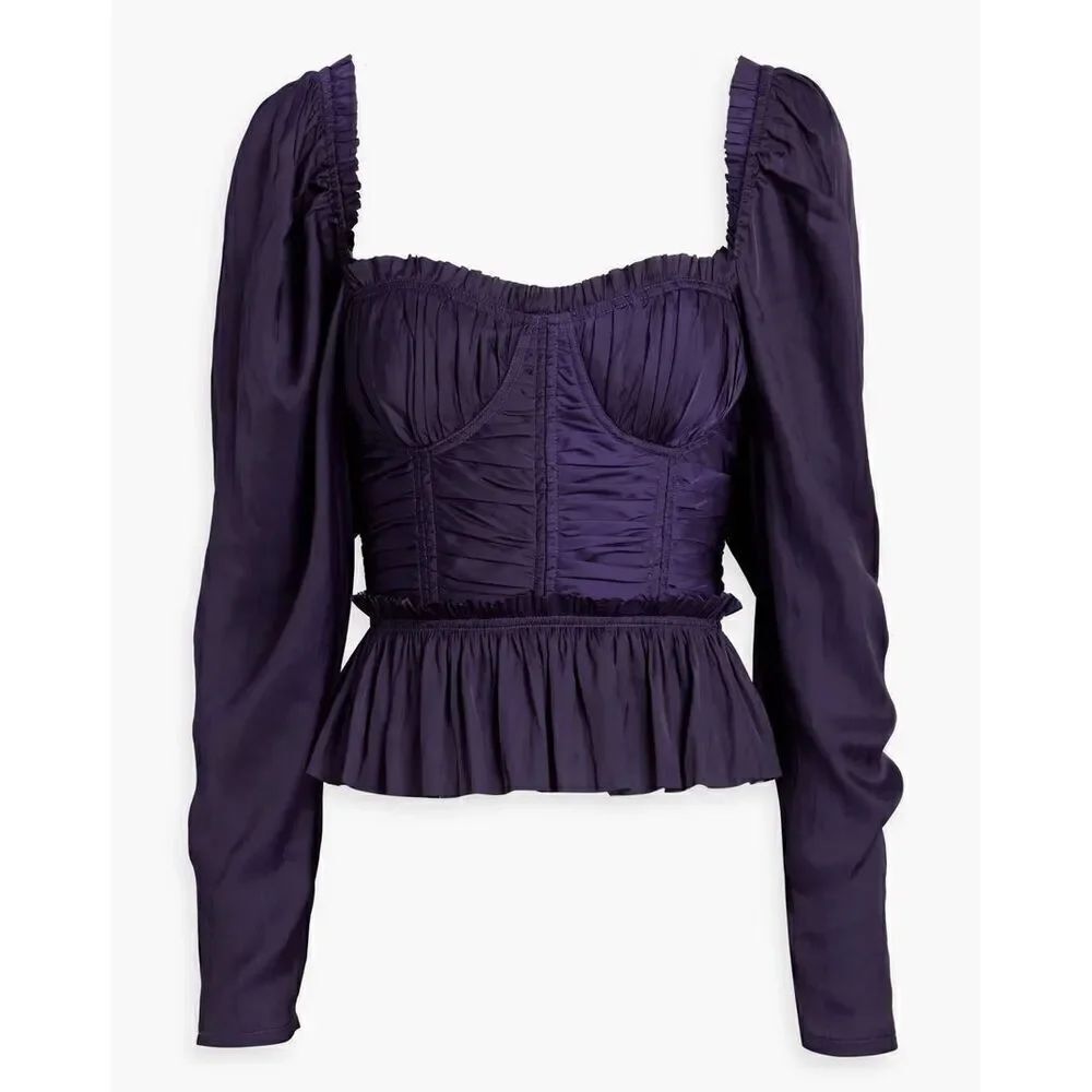 ULLA JOHNSON Mia ruched satin peplum blouse in Purple NWT Size 4